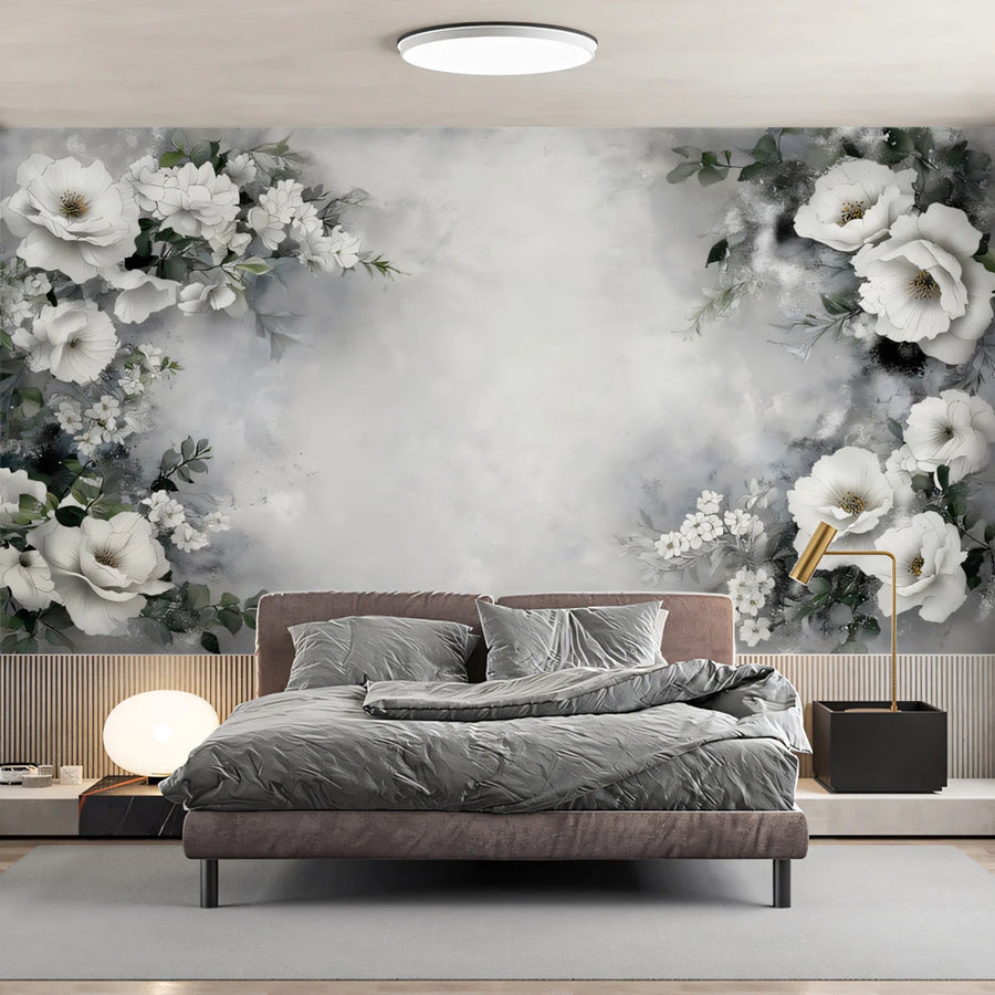 White Floral Garden Mural Wallpaper — Romantic Watercolor Design Mural Wallpaper