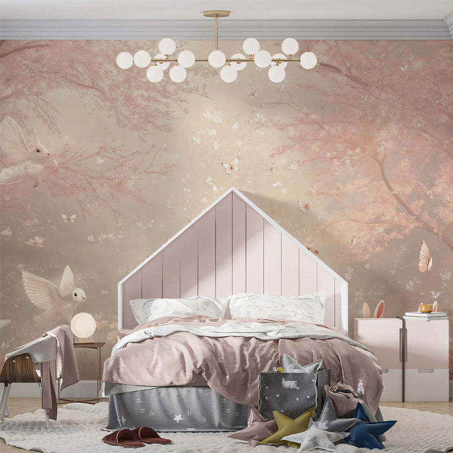 Winged Bunny Forest Mural Wallpaper — Soft Blush Woodland Scene Mural Wallpaper