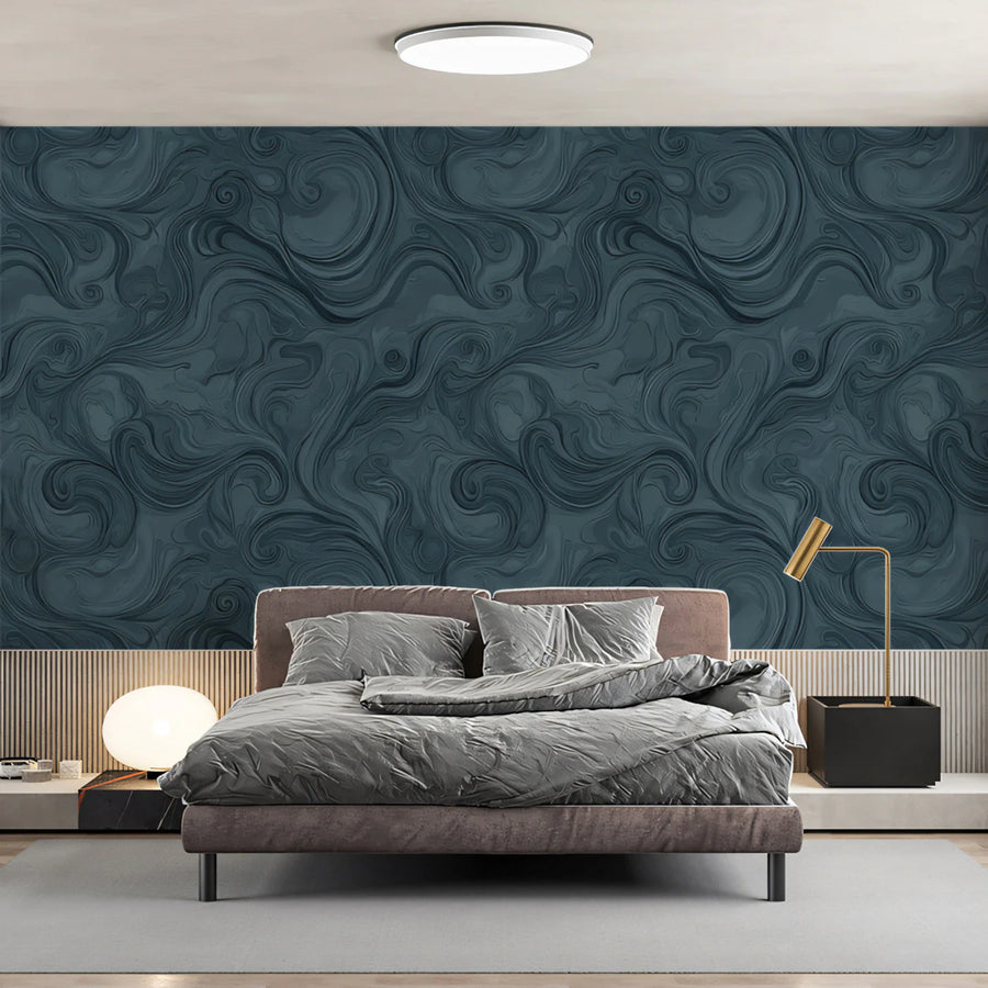 Midnight Teal Swirl Mural Wallpaper — Fluid Abstract Art Mural Wallpaper