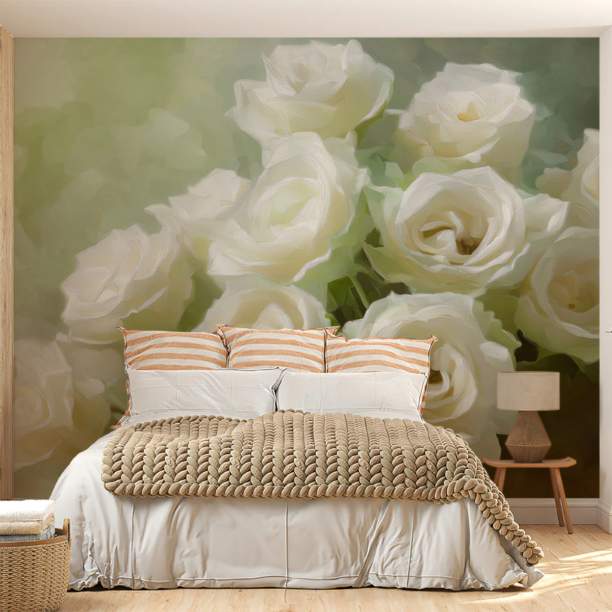 White Rose Oil Painting Mural Wallpaper — Elegant Floral Art Mural Wallpaper - pure wallpaper artwork