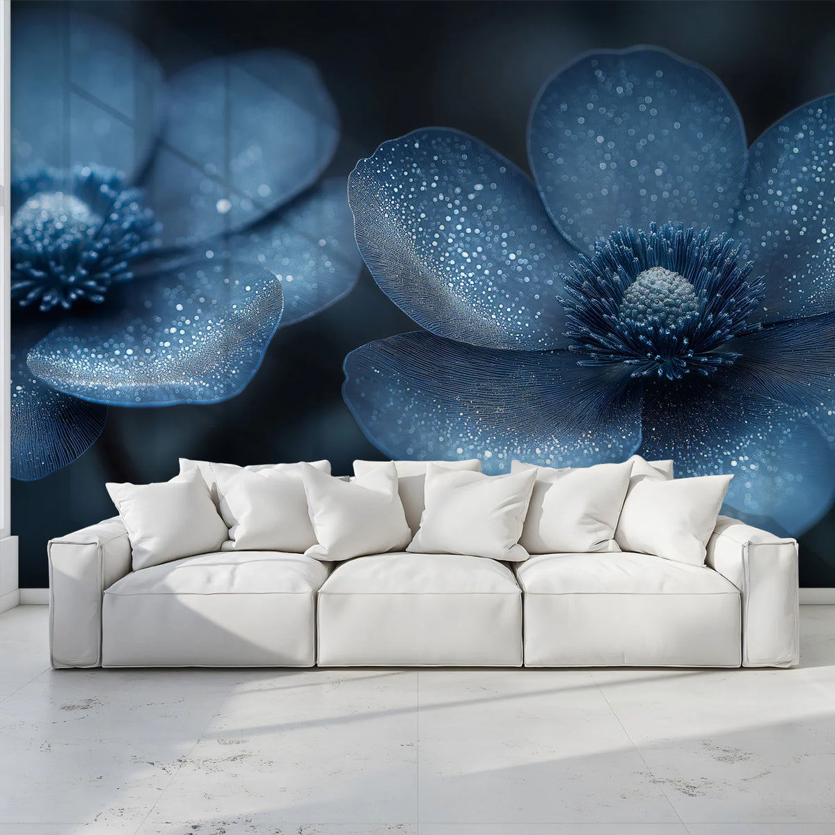 Dew-Kissed Anemone Mural Wallpaper — Moody Botanical Blue Mural Wallpaper - pure wallpaper artwork