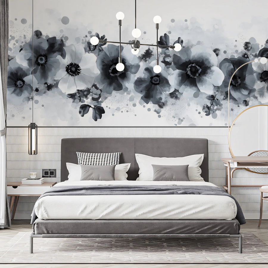Monochrome Floral Ink Mural Wallpaper — Abstract Artistic Design Mural Wallpaper