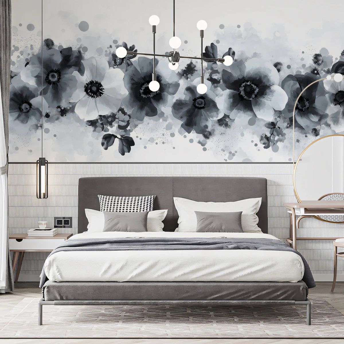 Monochrome Floral Ink Mural Wallpaper — Abstract Artistic Design Mural Wallpaper - pure wallpaper artwork