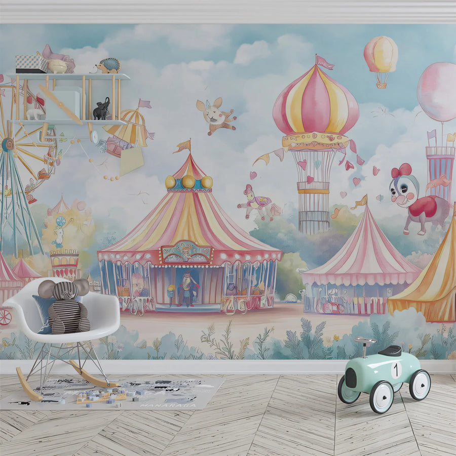 Whimsical Carnival Fairground Mural Wallpaper in Soft Pastels Mural Wallpaper