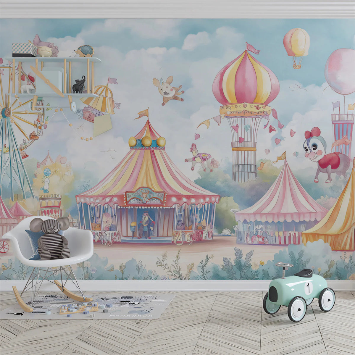 Whimsical Carnival Fairground Mural Wallpaper in Soft Pastels Mural Wallpaper - pure wallpaper artwork