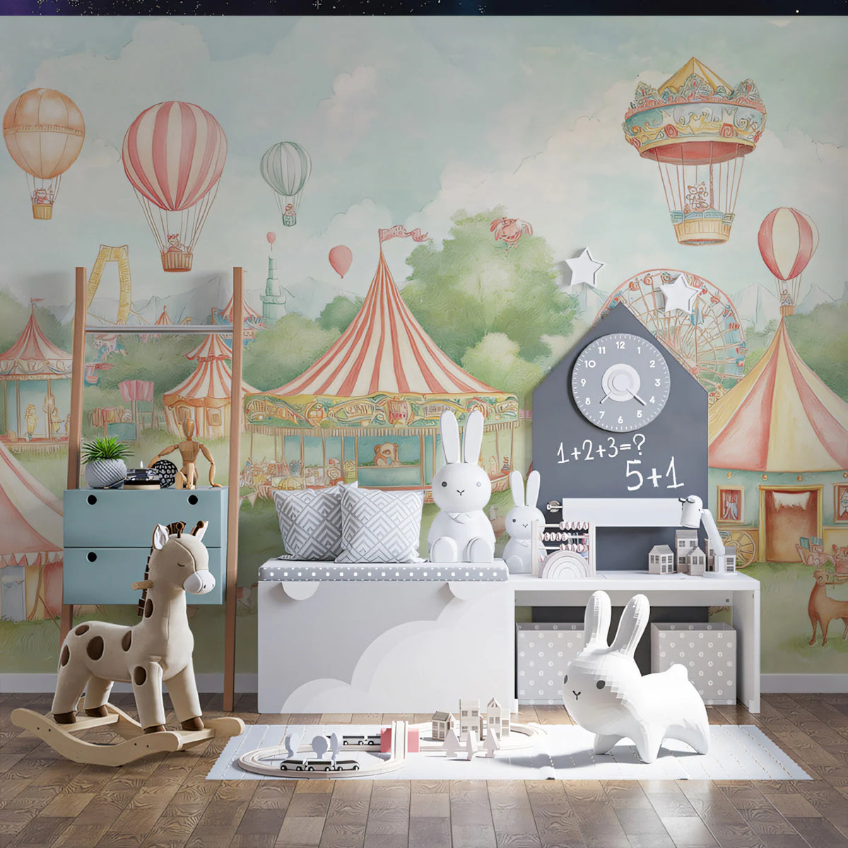 Vintage Fairground Mural Wallpaper — Pastel Carnival Illustration Mural Wallpaper - pure wallpaper artwork
