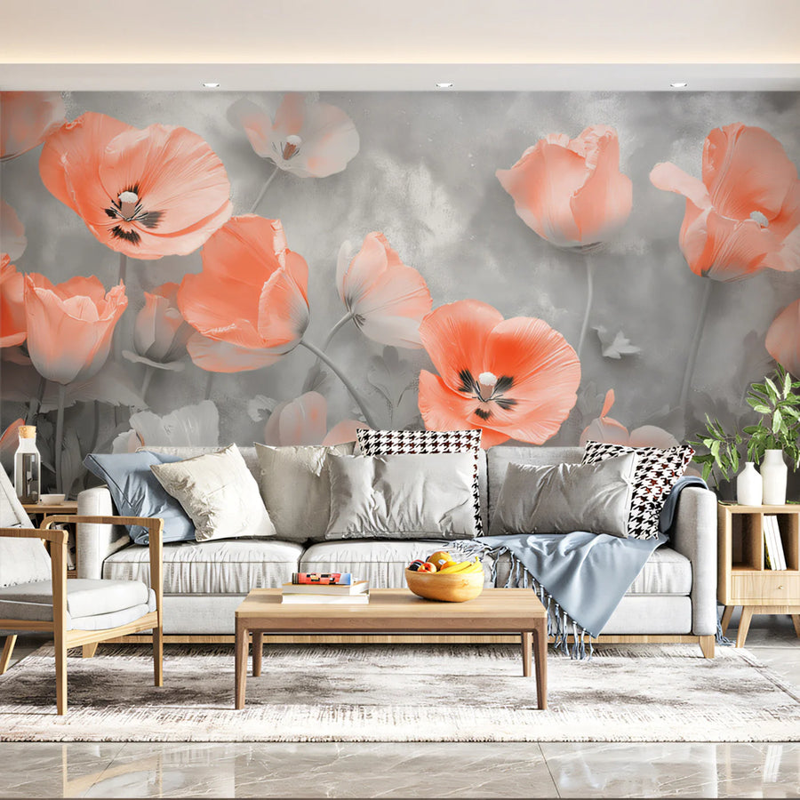 Coral Poppy Floral Mural Wallpaper — Soft Artistic Design Mural Wallpaper