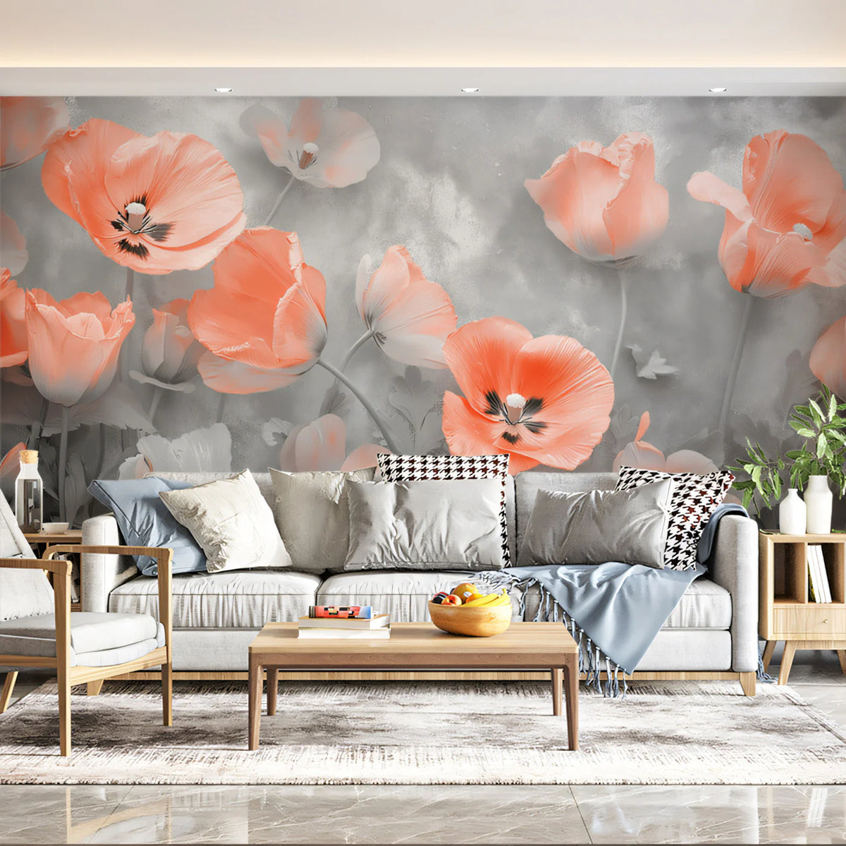 Coral Poppy Floral Mural Wallpaper — Soft Artistic Design Mural Wallpaper - pure wallpaper artwork