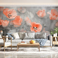Coral Poppy Floral Mural Wallpaper — Soft Artistic Design Mural Wallpaper - pure wallpaper artwork