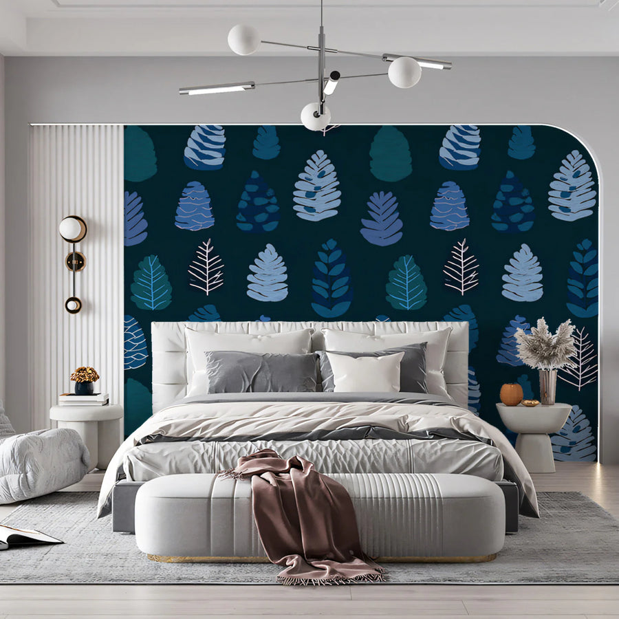 Midnight Woodland Pinecone Mural Wallpaper — Whimsical Forest Motif Mural Wallpaper