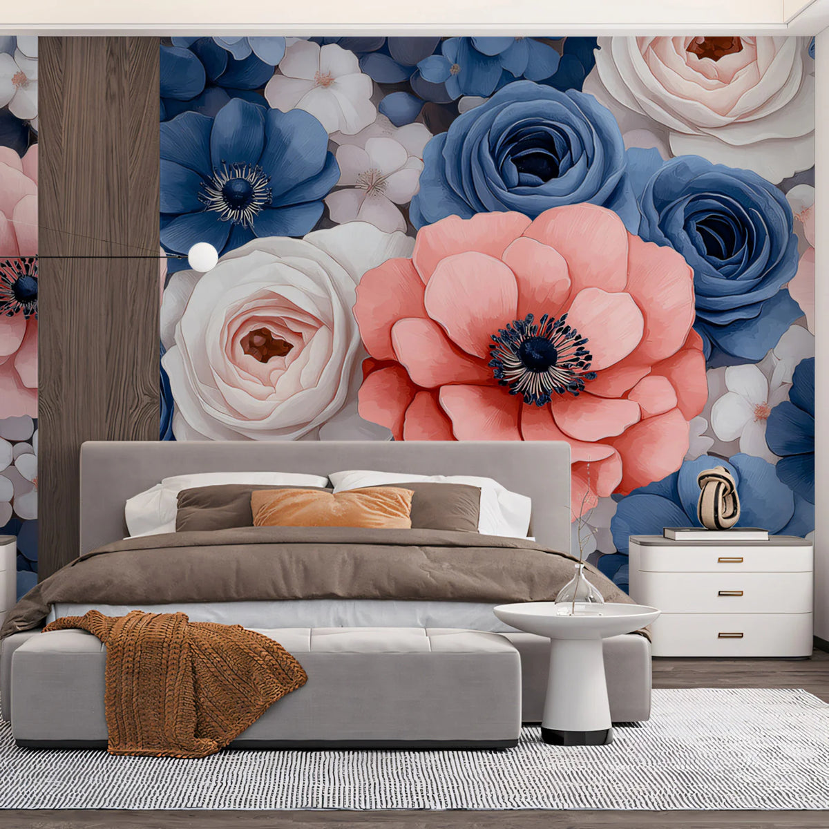 Coral and Navy Floral Mural Wallpaper in Painterly Style Mural Wallpaper - pure wallpaper artwork