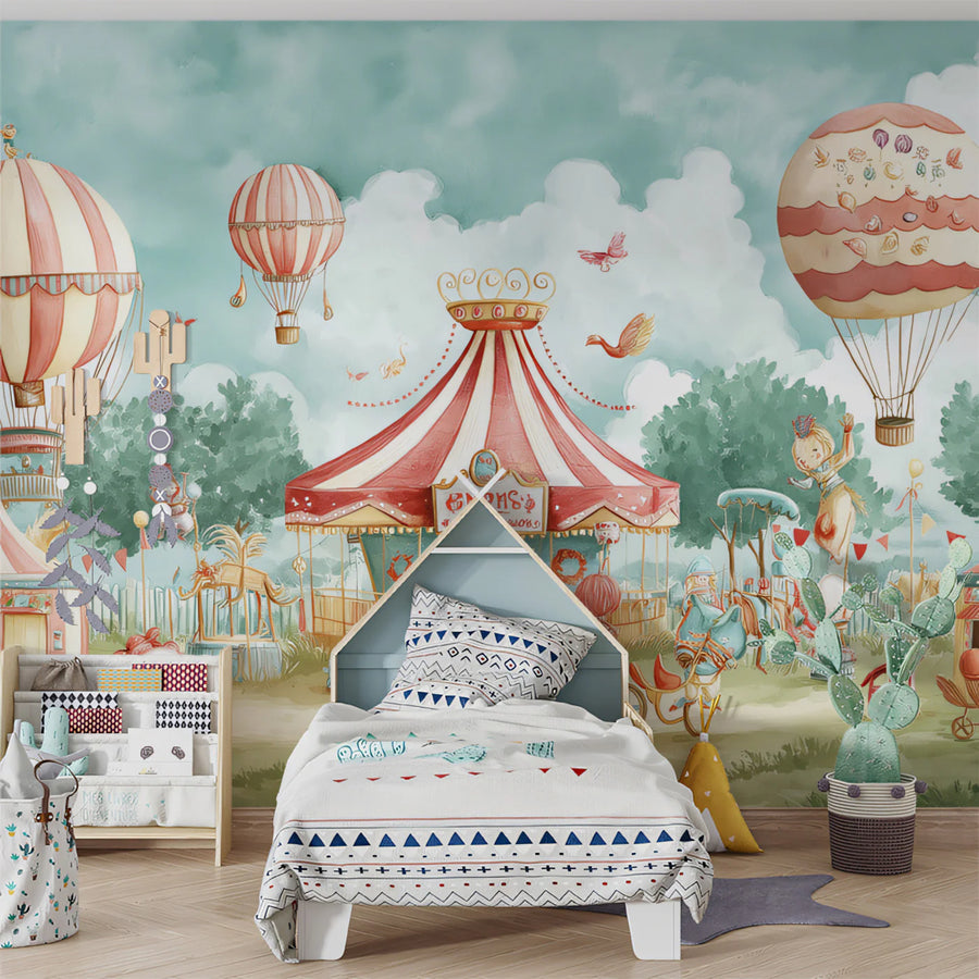 Whimsical Circus Adventure Mural Wallpaper — Pastel Fairground Scene Mural Wallpaper