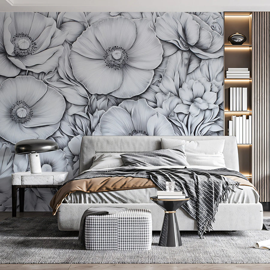 Monochrome Peony Field Mural Wallpaper — Intricate Floral Illustration Mural Wallpaper