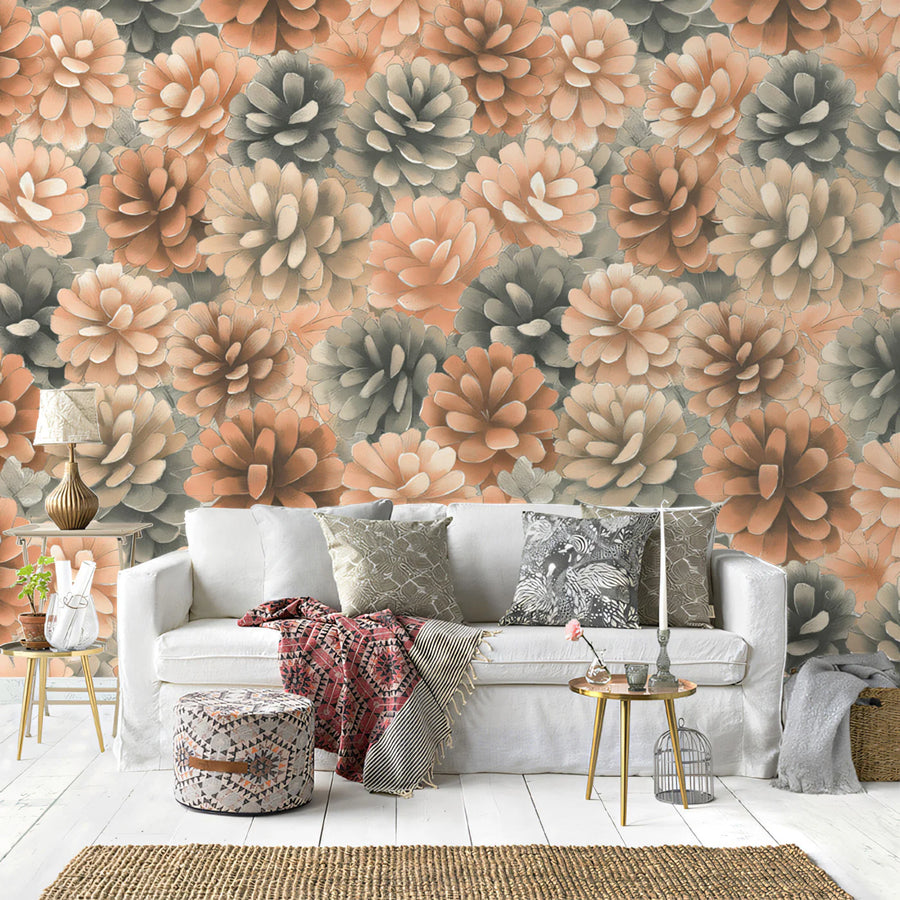 Rustic Pine Cone Mural Wallpaper — Warm Earthy Floral Pattern Mural Wallpaper