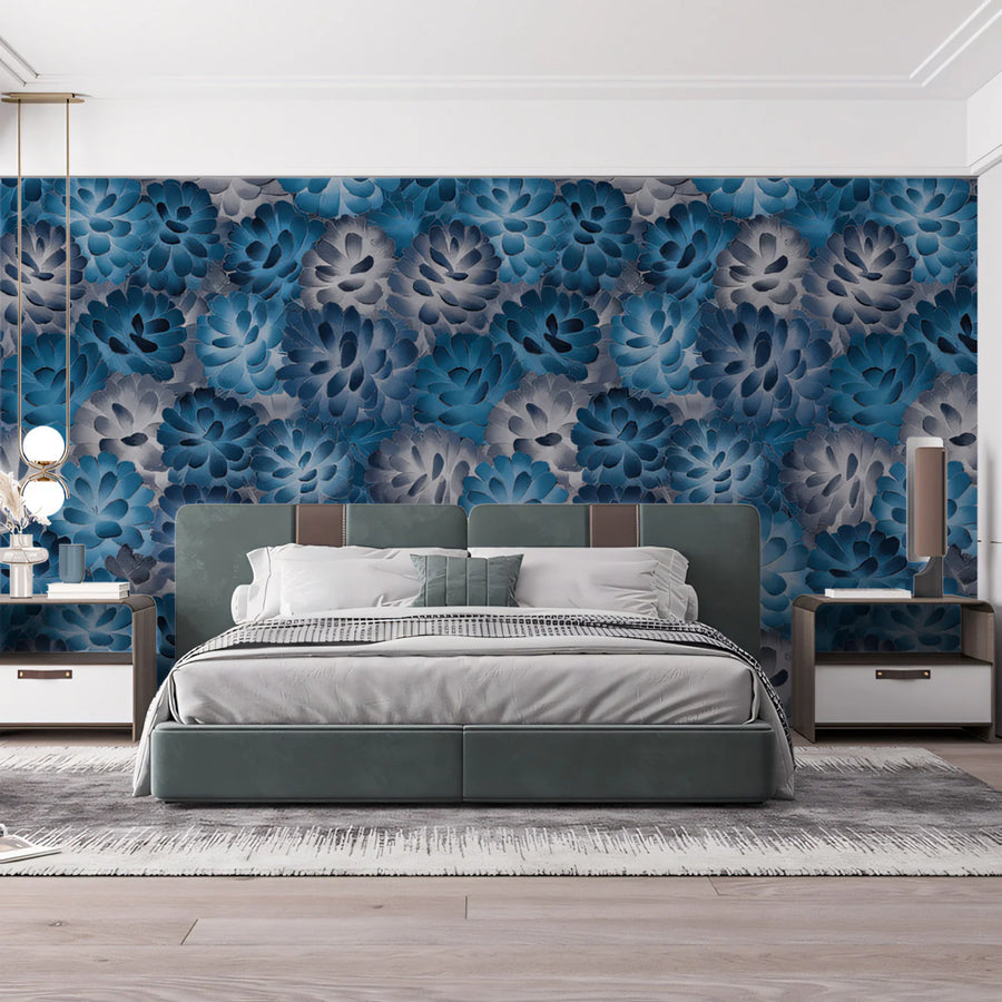 Blue Chrysanthemum Floral Mural Wallpaper — Painterly Petal Motif Mural Wallpaper