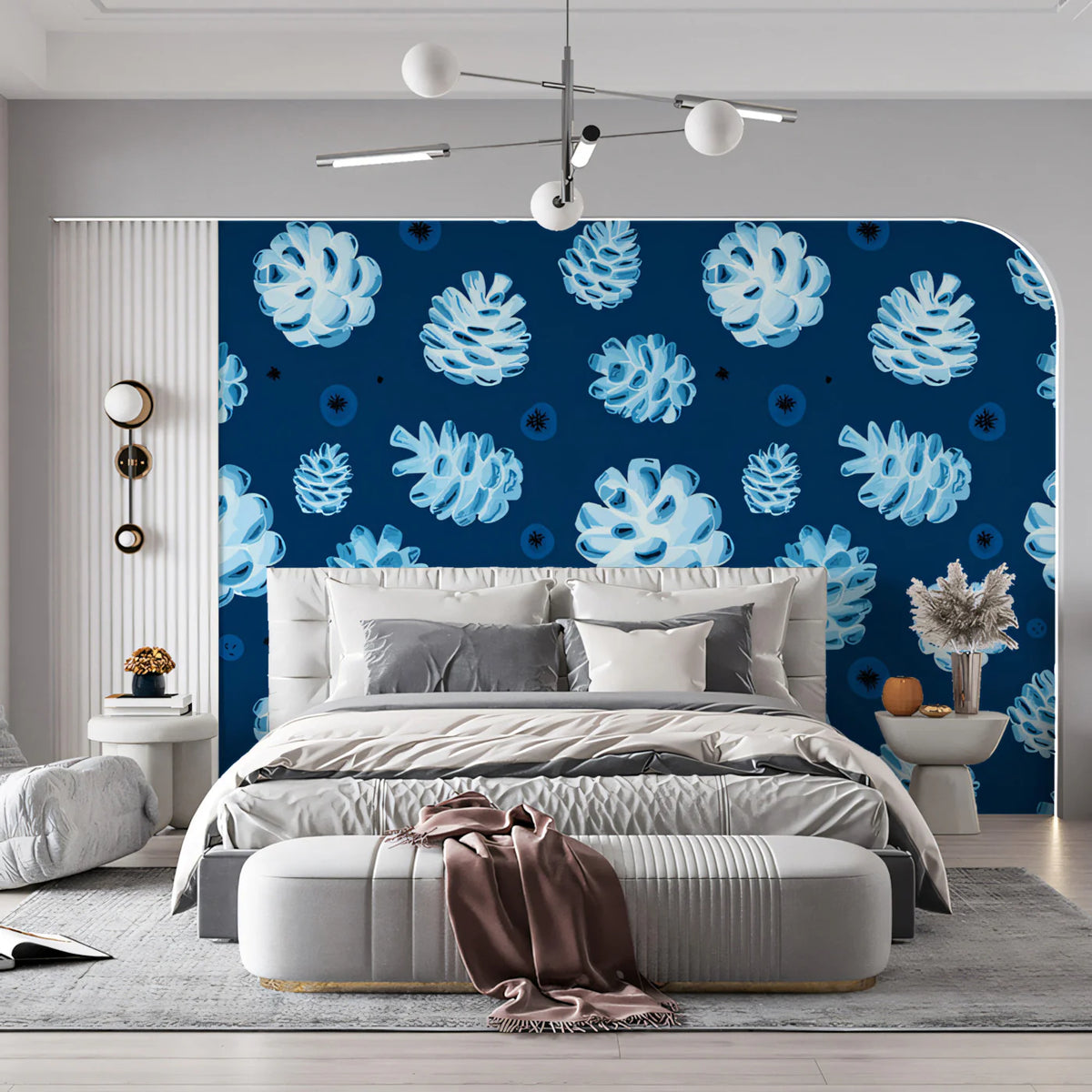 Frosted Pinecone Mural Wallpaper — Whimsical Winter Blue Mural Wallpaper - pure wallpaper artwork