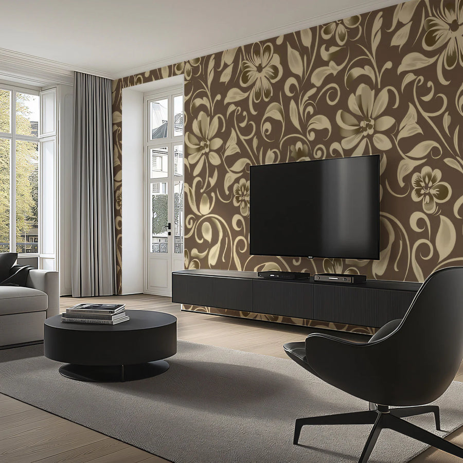 Cocoa Scroll Floral Mural Wallpaper — Vintage Baroque Design Mural Wallpaper