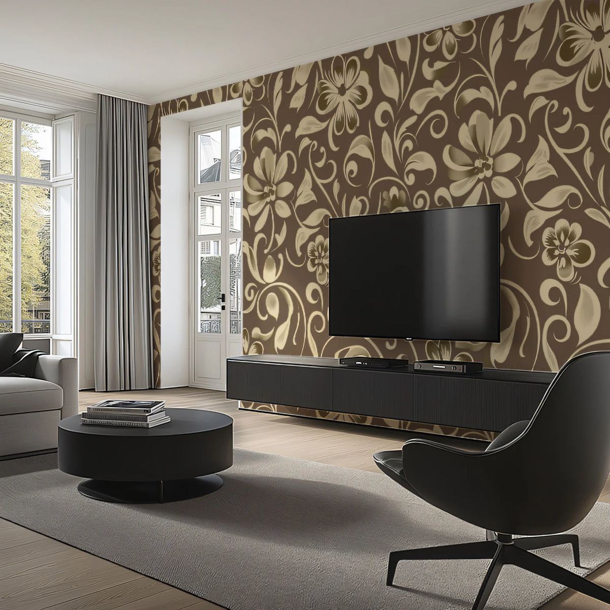 Cocoa Scroll Floral Mural Wallpaper — Vintage Baroque Design Mural Wallpaper - pure wallpaper artwork