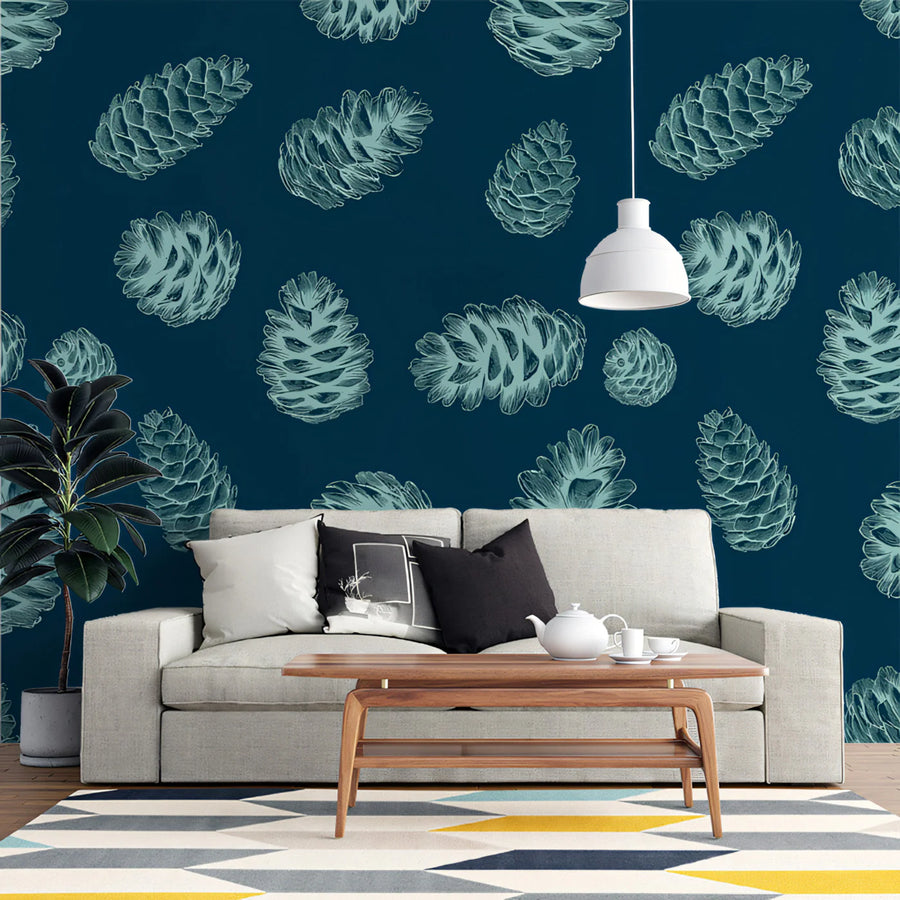 Teal Pine Cone Pattern Mural Wallpaper —Whimsical Woodland Motif Mural Wallpaper