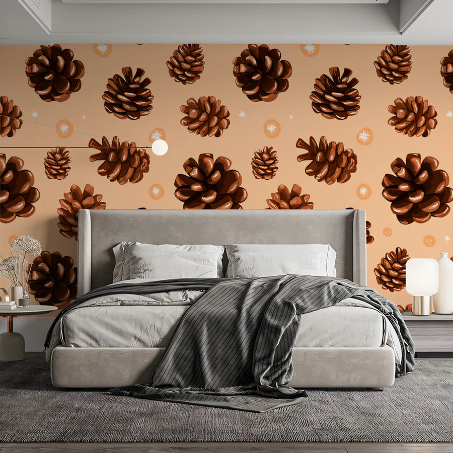 Hand-Painted Pinecone Mural Wallpaper in Soft Peach Mural Wallpaper
