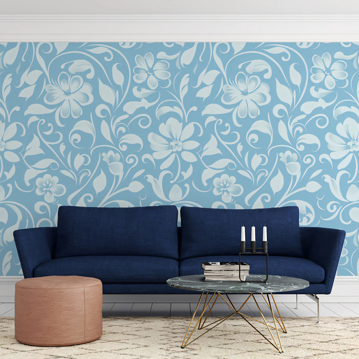 Misty Floral Vine Mural Wallpaper — Soft Blue Botanical Pattern Mural Wallpaper - pure wallpaper artwork