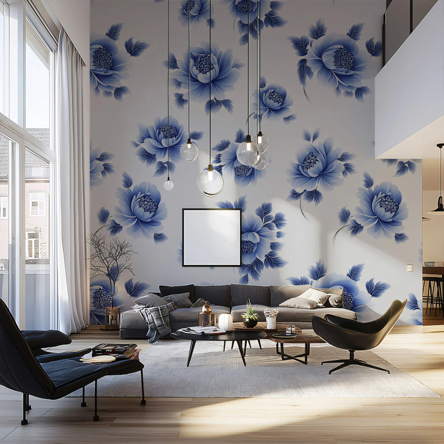 Indigo Peony Blossom Mural Wallpaper — Classic Floral Art Mural Wallpaper