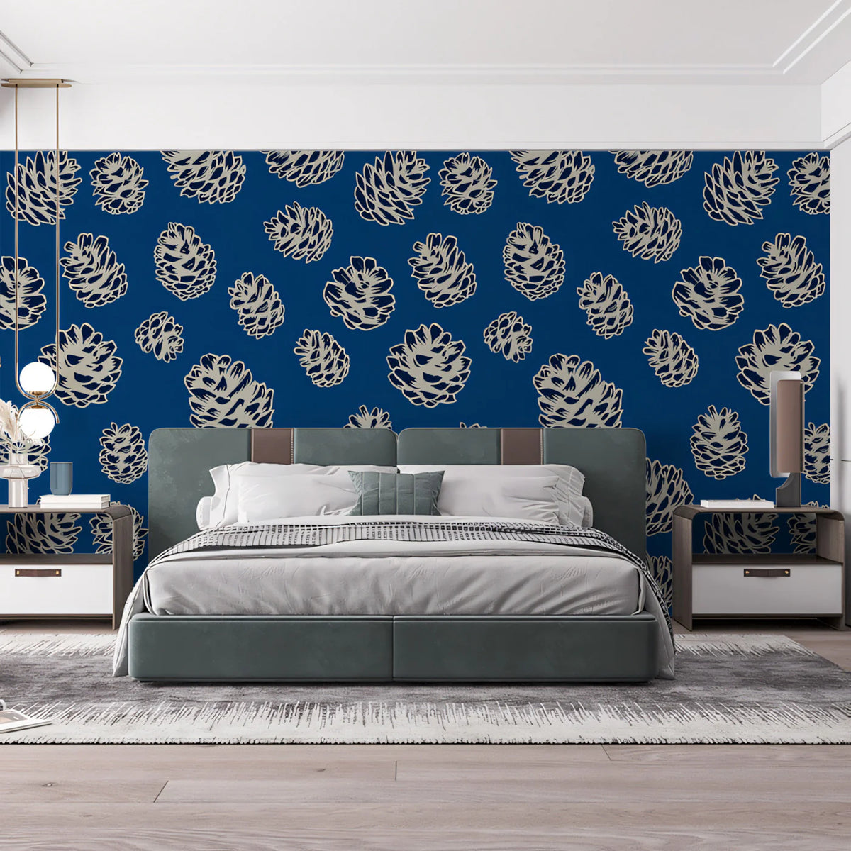Midnight Pinecone Mural Wallpaper — Stylized Botanical Print Mural Wallpaper - pure wallpaper artwork