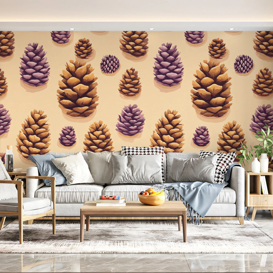 Golden & Purple Pinecone Botanical Mural Wallpaper