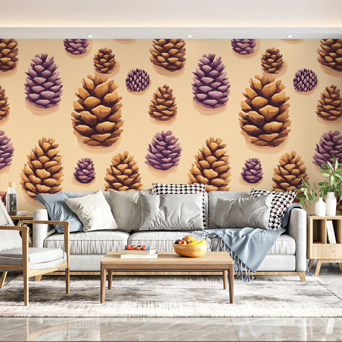 Golden & Purple Pinecone Botanical Mural Wallpaper - pure wallpaper artwork