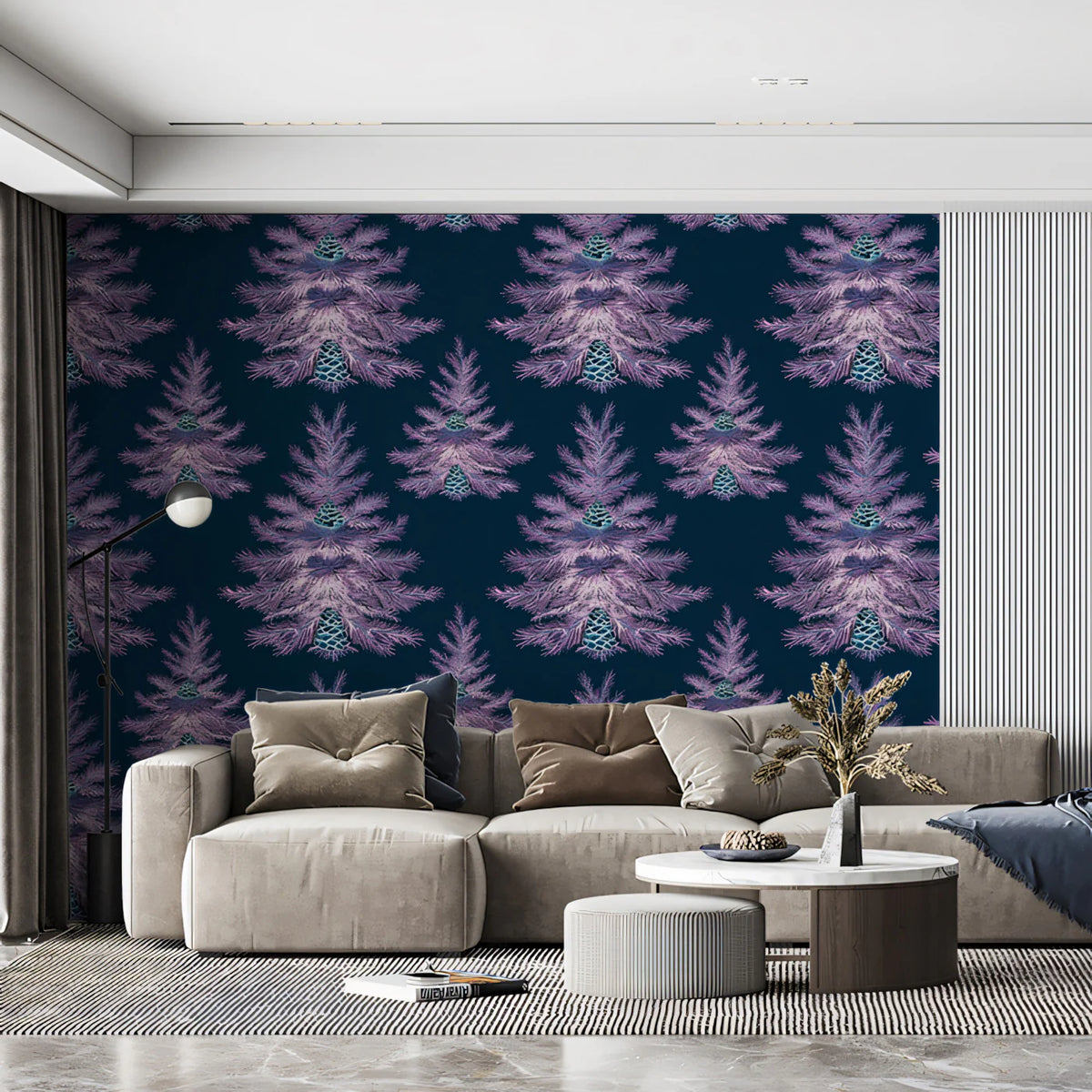 Midnight Fir Mural Wallpaper — Frosted Lavender Forest Pattern Mural Wallpaper - pure wallpaper artwork