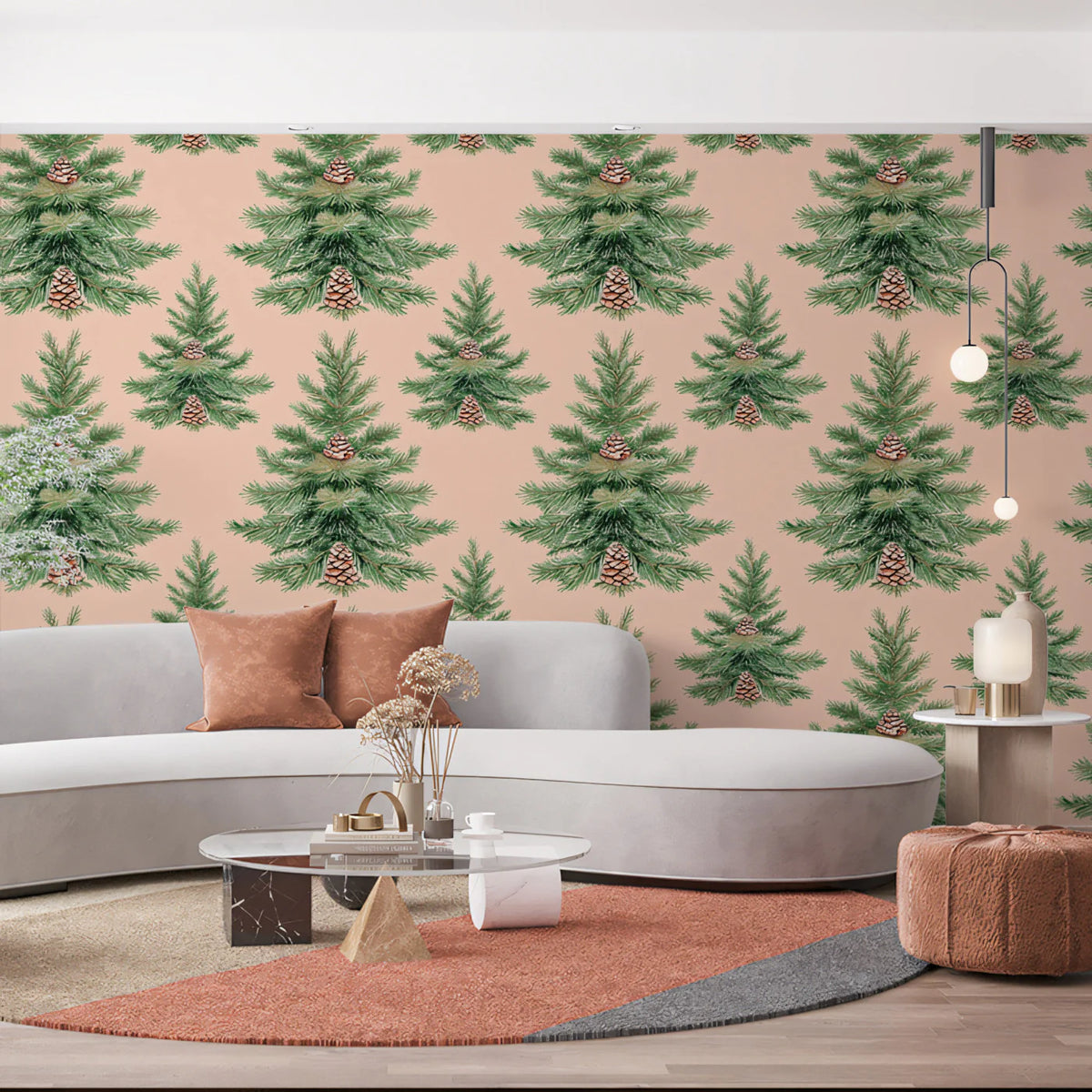 Tiny Pine Grove Mural Wallpaper — Whimsical Nature Illustration Mural Wallpaper - pure wallpaper artwork
