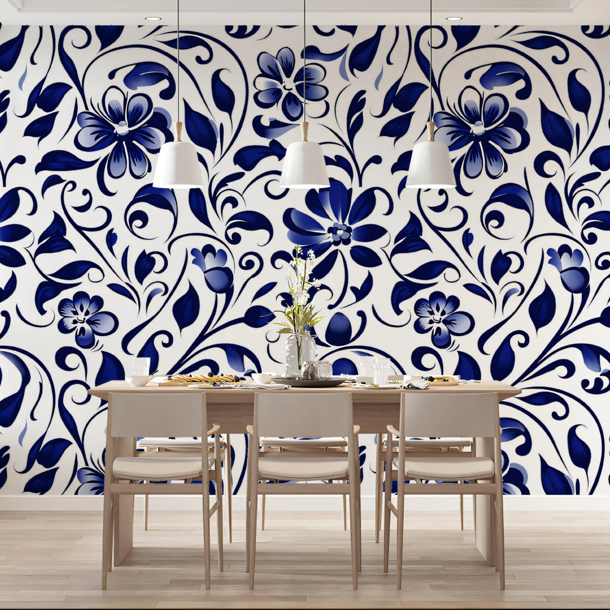 Indigo Bloom Swirl Mural Wallpaper — Porcelain Floral Elegance Mural Wallpaper - pure wallpaper artwork