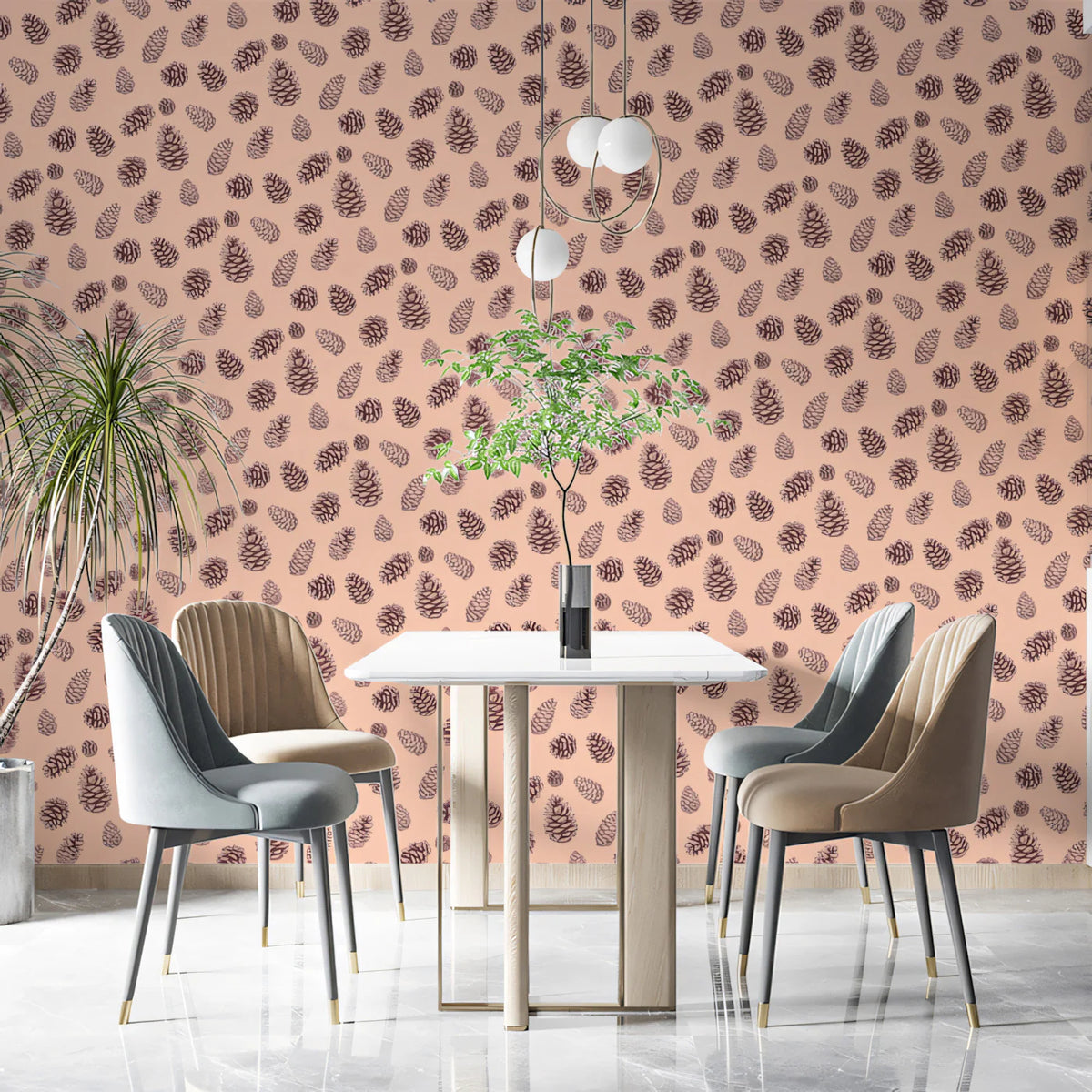 Etched Pinecone Mural Wallpaper — Soft Peach and Brown Botanical Mural Wallpaper - pure wallpaper artwork