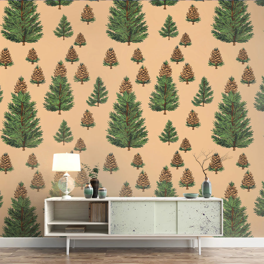 Woodland Pinecone and Conifer Mural Wallpaper —Earthy Sketch Mural Wallpaper