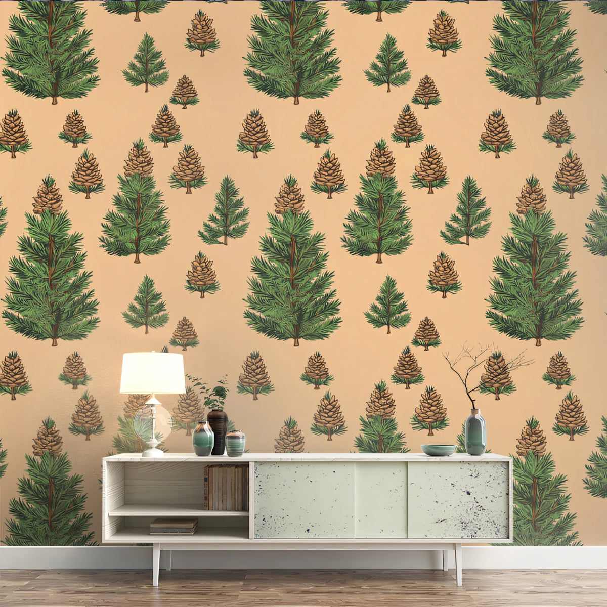Woodland Pinecone and Conifer Mural Wallpaper —Earthy Sketch Mural Wallpaper - pure wallpaper artwork