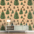 Woodland Pinecone and Conifer Mural Wallpaper —Earthy Sketch Mural Wallpaper - pure wallpaper artwork