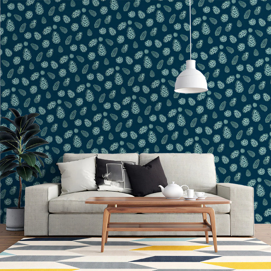 Pine Cone Silhouette Mural Wallpaper —Dark Botanical Pattern Mural Wallpaper