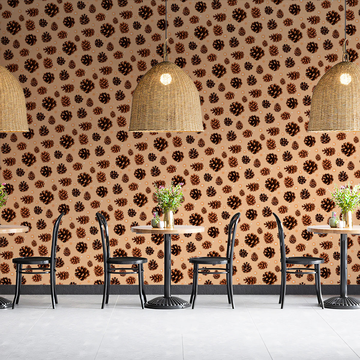 Rustic Pinecone Pattern Mural Wallpaper in Soft Peach Mural Wallpaper - pure wallpaper artwork