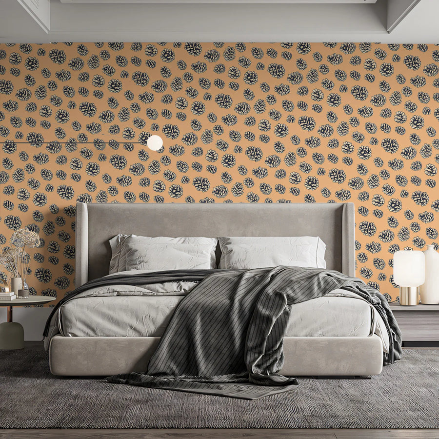 Pinecone Botanical Mural Wallpaper —Warm Peach and Charcoal Mural Wallpaper