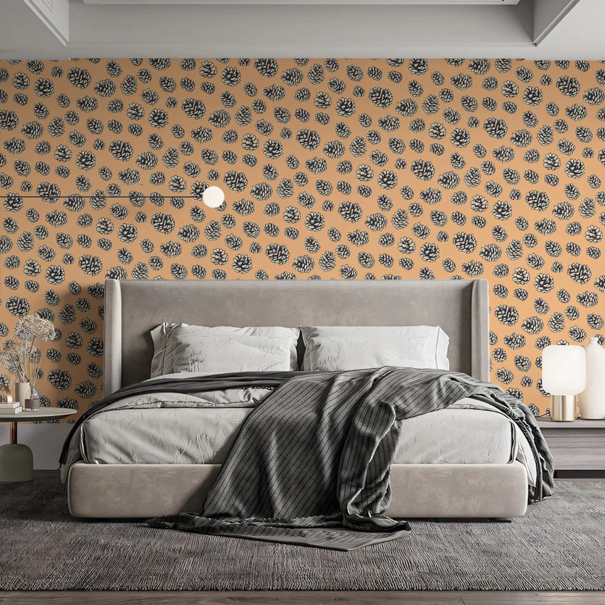Pinecone Botanical Mural Wallpaper —Warm Peach and Charcoal Mural Wallpaper - pure wallpaper artwork