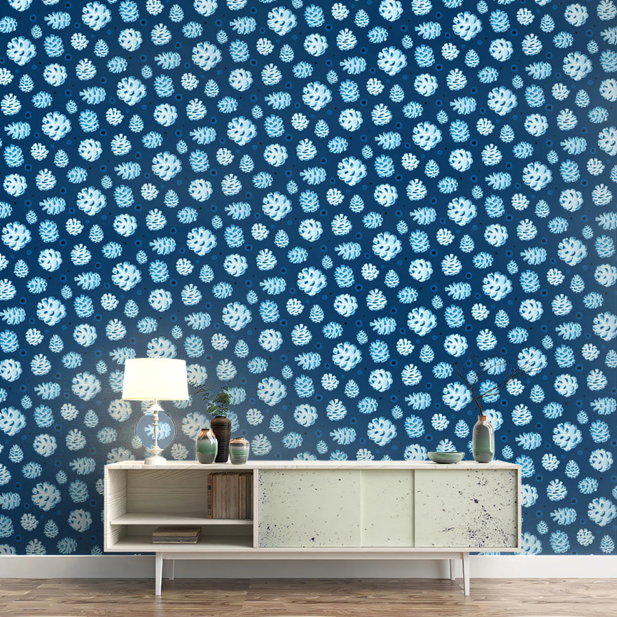 Frosted Pinecone Mural Wallpaper — Winter Woodland Motif Mural Wallpaper