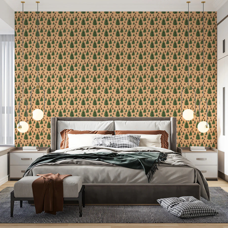 Micro Pine Forest Mural Wallpaper —Soft Earthy Woodland Pattern Mural Wallpaper