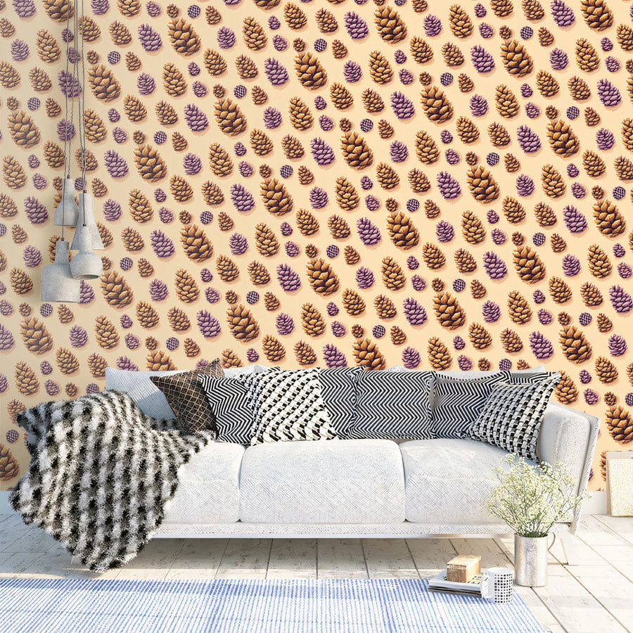 Autumn Pinecone Botanical Mural Wallpaper in Warm Blush and Plum Mural Wallpaper