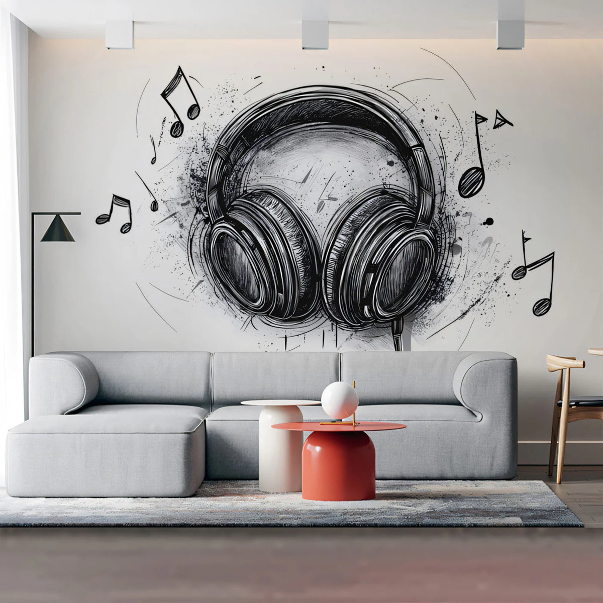 Headphones and Musical Notes Sketch Mural Wallpaper - pure wallpaper artwork