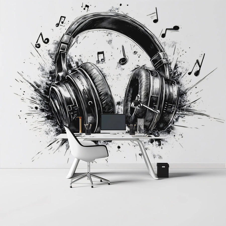 Explosive Headphones Mural Wallpaper — Artistic Music Sketch Mural Wallpaper