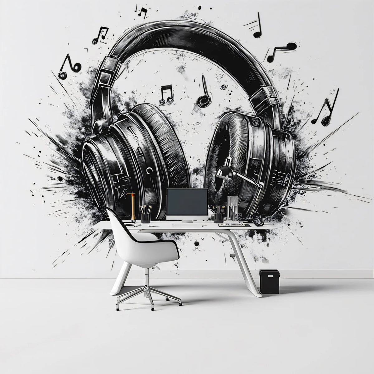 Explosive Headphones Mural Wallpaper — Artistic Music Sketch Mural Wallpaper - pure wallpaper artwork