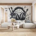 Musical Headphones Mural Wallpaper — Artistic Line Art Design Mural Wallpaper - pure wallpaper artwork