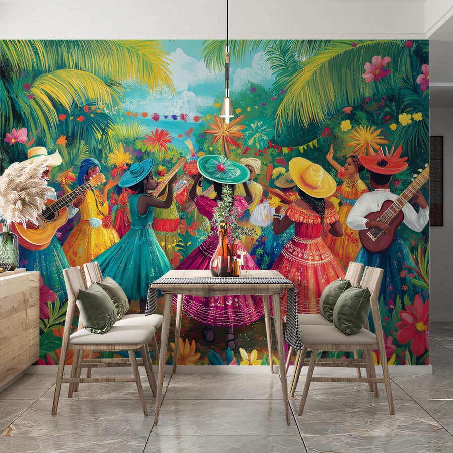 Tropical Carnival Mural Wallpaper — Vibrant Latin Celebration Mural Wallpaper