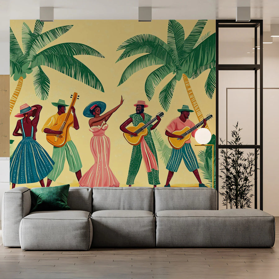 Caribbean Rhythm Mural Wallpaper — Retro Palm and Music Scene Mural Wallpaper