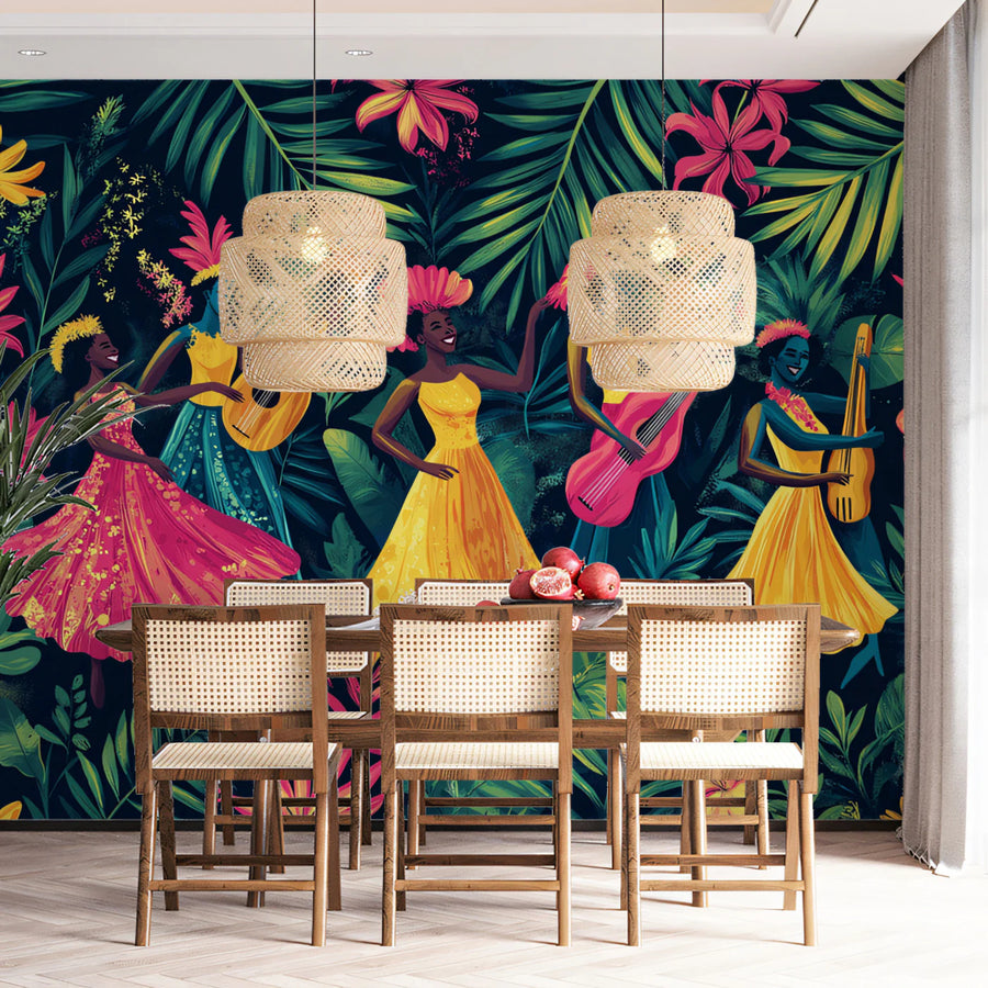 Tropical Rhythms Mural Wallpaper — Vibrant Island Garden Scene Mural Wallpaper